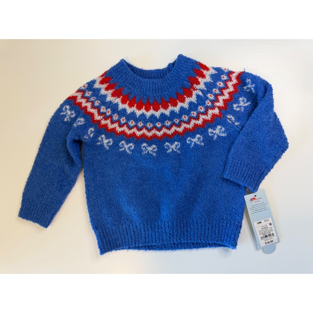 Cat & Jack Baby Boys Girls Blue Fair Isle Bow Knit Sweater 12M NWT 031 02 4378